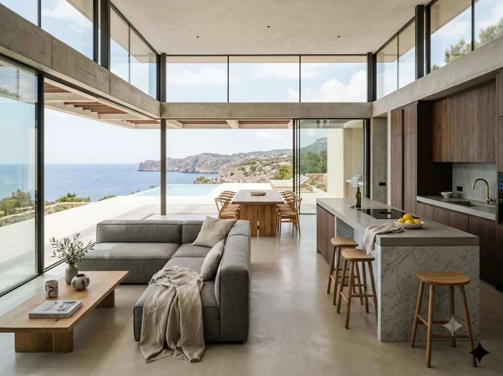 Interior de planta abierta de una villa contemporánea de hormigón en Marbella, que cuenta con una amplia sala de estar, cocina con gabinetes de madera, encimeras de hormigón y mármol con vistas a una piscina infinita y el mar Mediterráneo