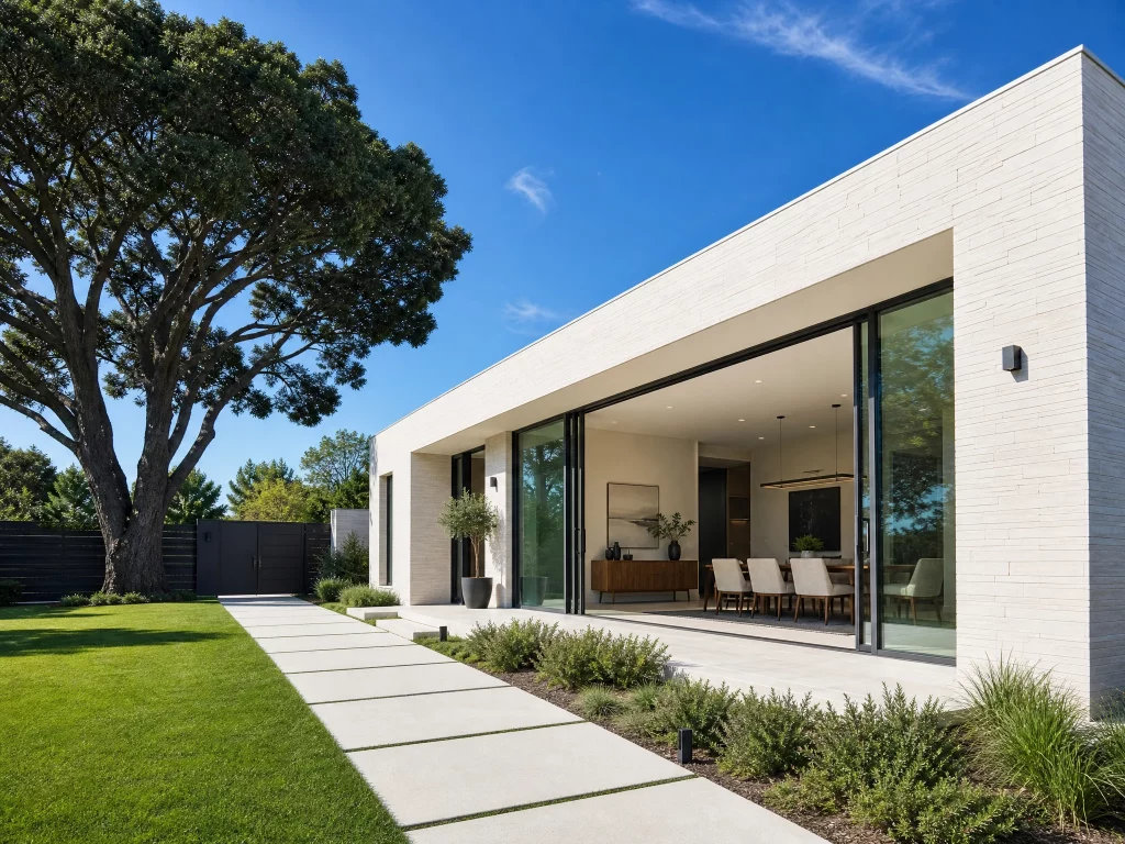 Diseño de villa prefabricada de hormigón de estilo contemporáneo con fachada blanca, grandes ventanales y jardín