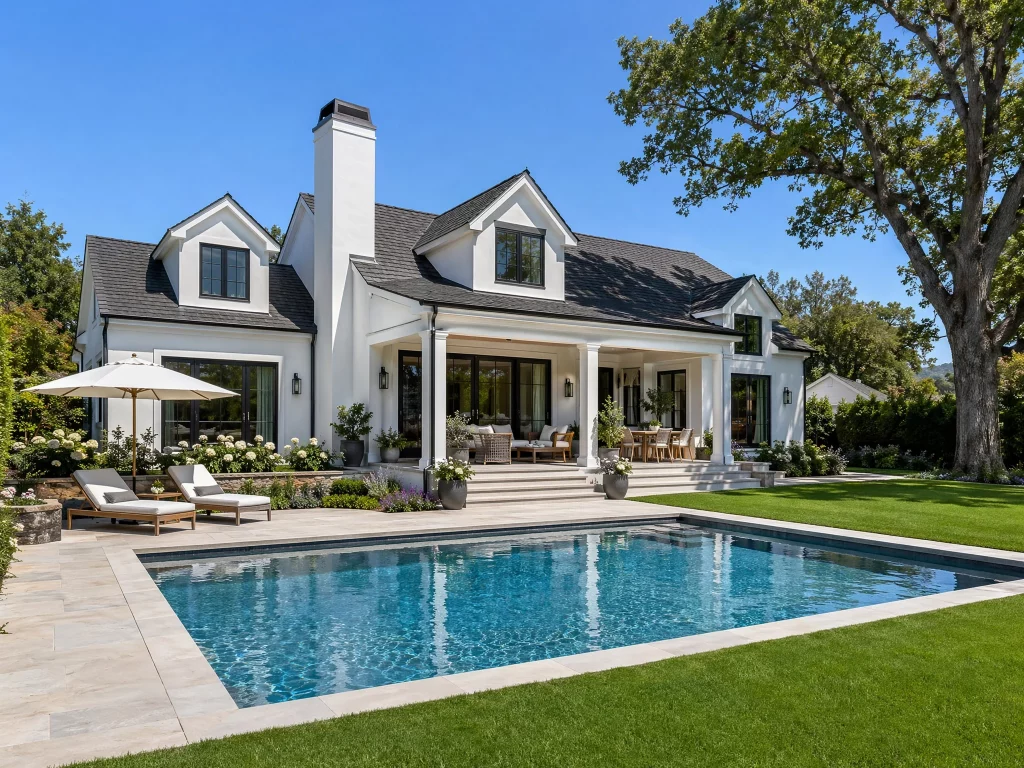 Villa prefabricada de hormigón de campo con tejado clásico a dos aguas, porche y piscina exterior