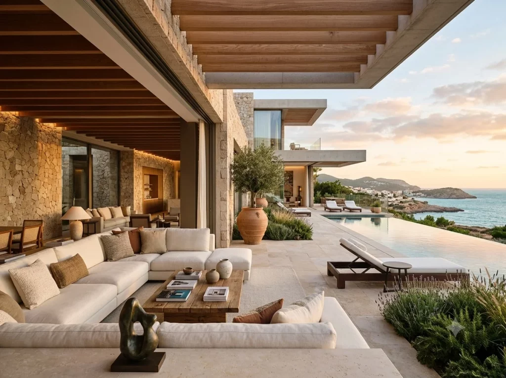 Terraza exterior de una villa prefabricada de hormigón de lujo con sofás y vistas al mar en Marbella.