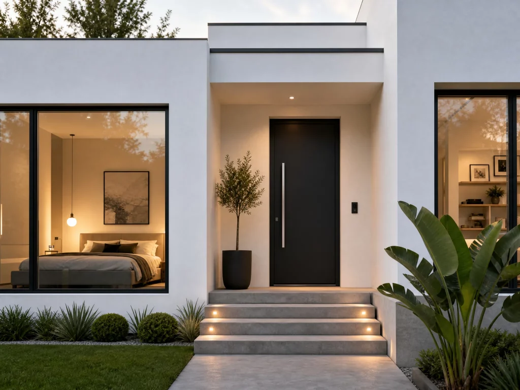 Entrada principal minimalista con puerta oscura e iluminación cálida en una vivienda de hormigón en Madrid