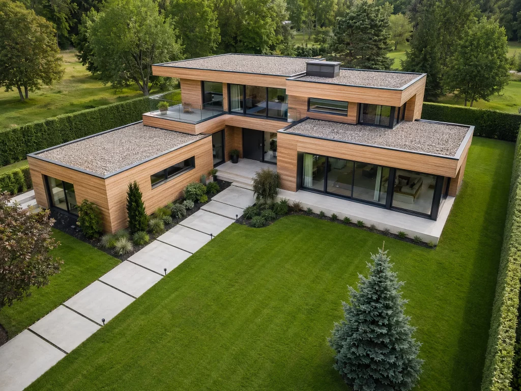 Diseño cúbico de chalet prefabricado de hormigón con un extenso jardín de césped en Majadahonda