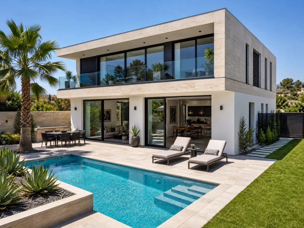 Arquitectura de estilo moderno en una villa prefabricada de hormigón con piscina y tumbonas en Marbella