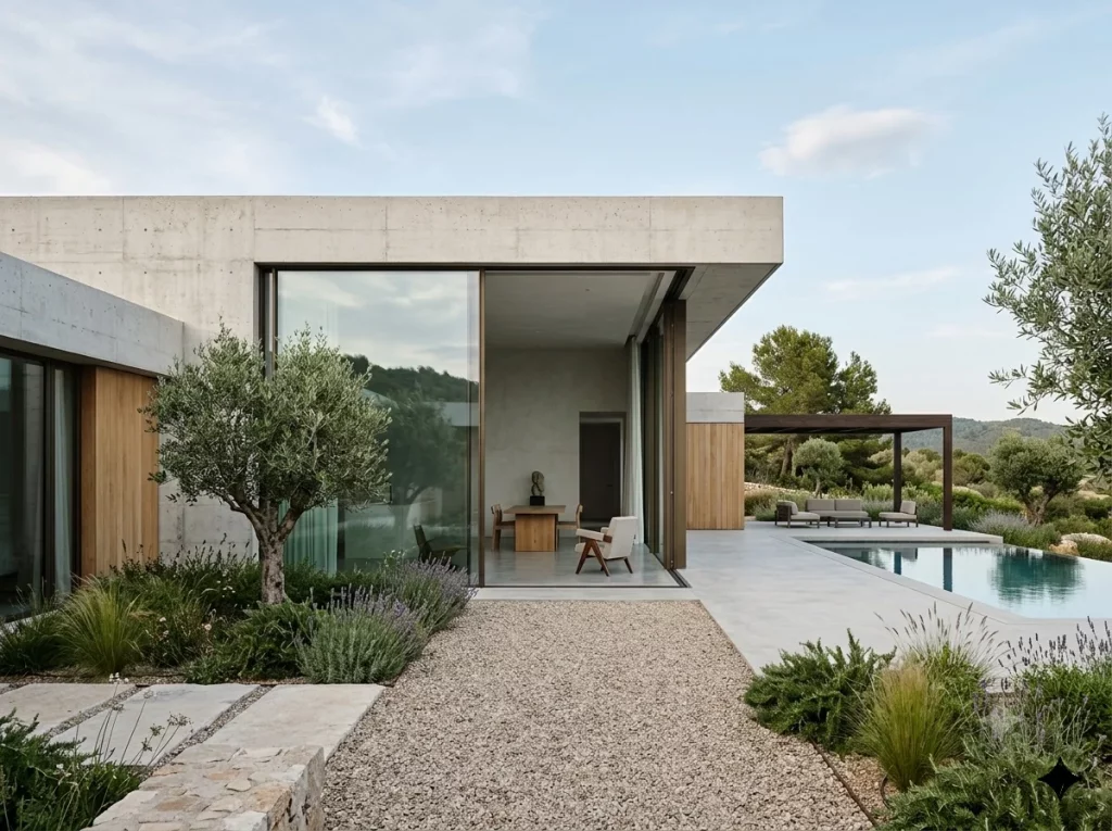 Arquitectura minimalista de líneas rectas en una villa prefabricada de hormigón con porche cubierto y piscina