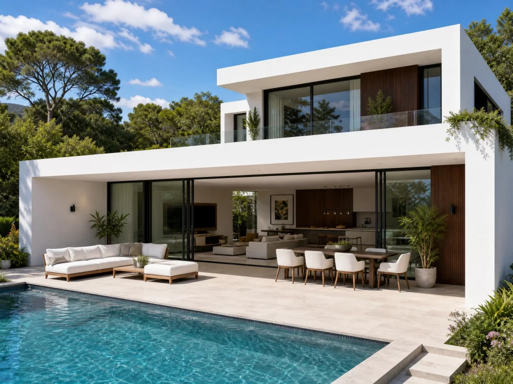 Fachada trasera de diseño moderno en una villa prefabricada de hormigón con terraza lounge, hamacas y piscina