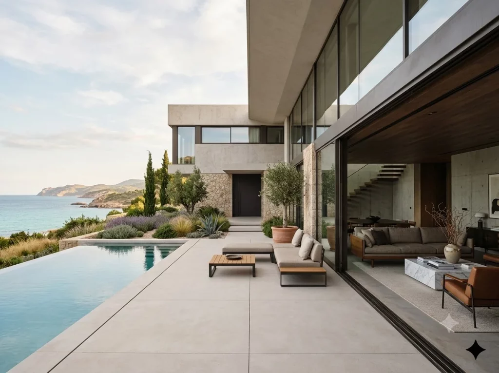Arquitectura exterior de una villa prefabricada moderna construida en hormigón con terraza orientada hacia la costa en Marbella.
