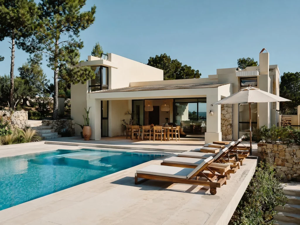 Casa modular de diseño rústico moderno fabricada con paneles de hormigón, acabados de piedra natural y piscina.